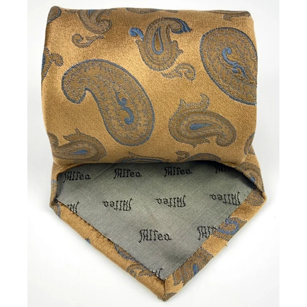 Altea Milano Light Copper Brown Blue Paisley 100% Silk Necktie Hand Made Italy